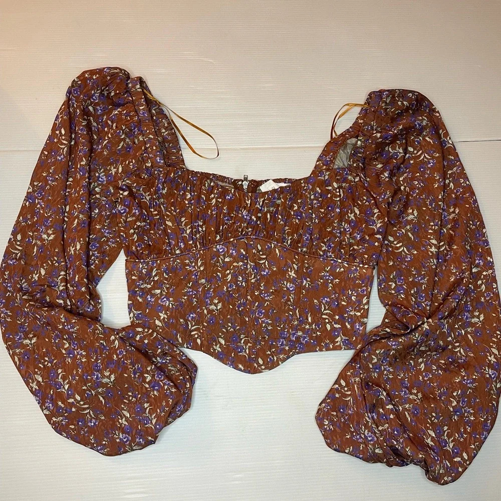 ASTR The Label Penny Floral Puff Sleeve Brown Purple Top Size S